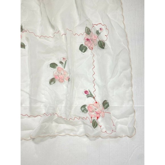 Vintage 1960s Sheer White Valances Curtains 4 Made Japan Hand Painted Pink Red - Picture 4 of 11